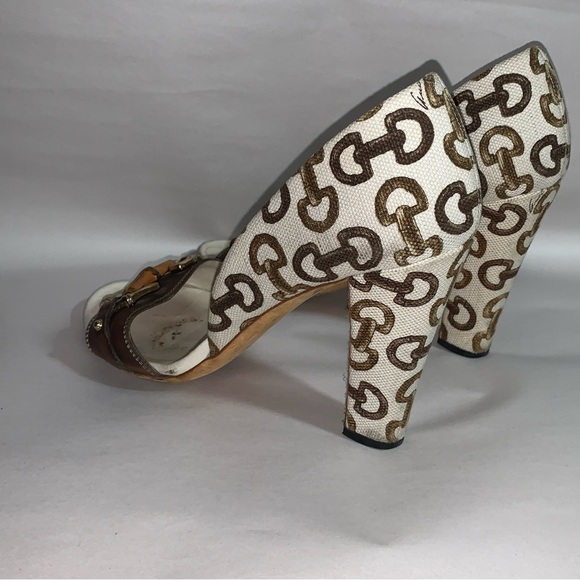 GUCCI size 39B cream linen block heel d'Orsay pumps with bamboo accent at vamp - Picture 13 of 14